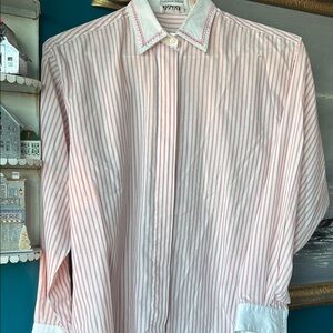Vintage Tabi | Pink Stripe Button Down with embroidery collar | M